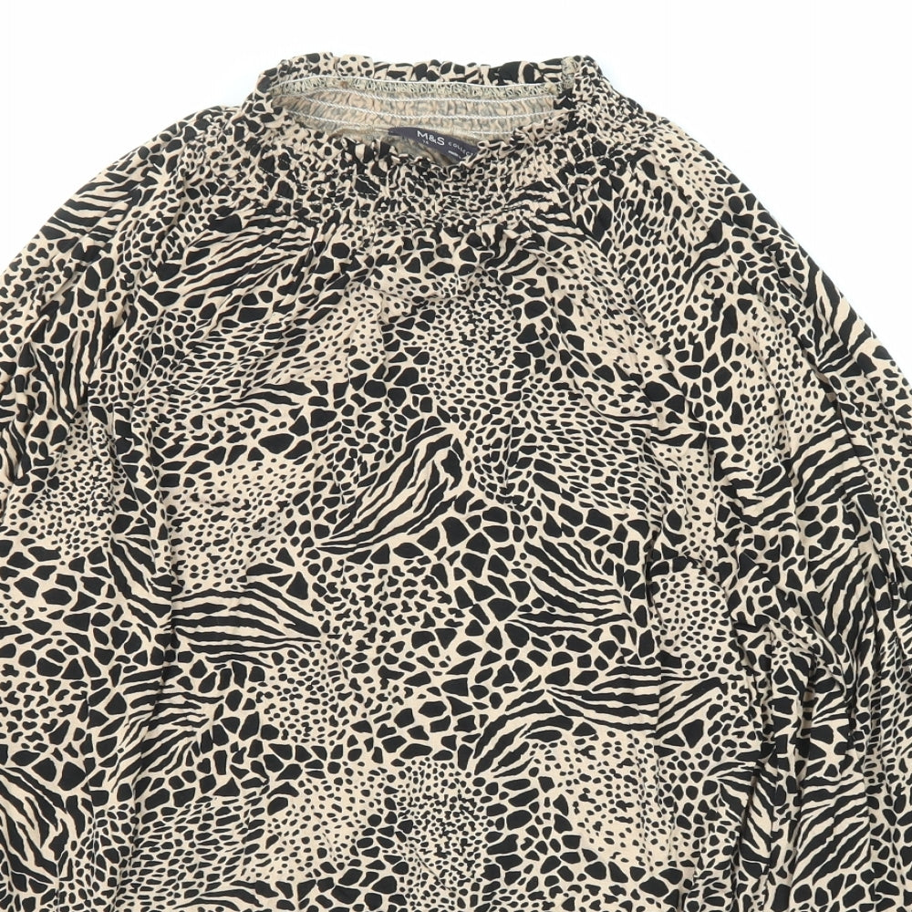 Marks and Spencer Womens Black Animal Print Viscose Basic Blouse Size 14 Mock Neck