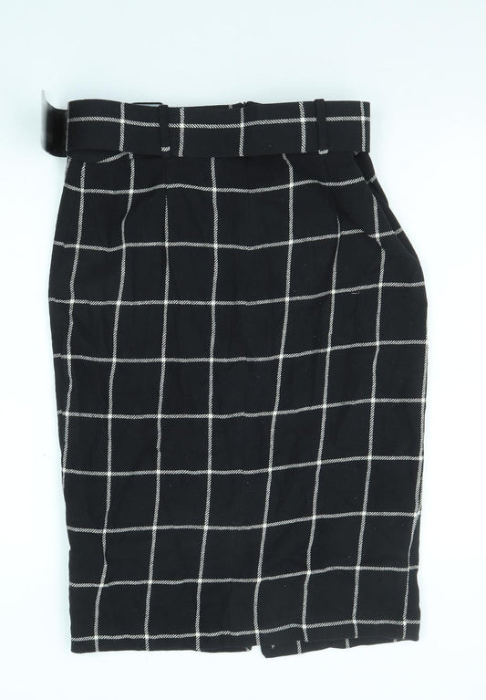 Zara Womens Black Check Cotton Straight & Pencil Skirt Size L Zip - Belt included