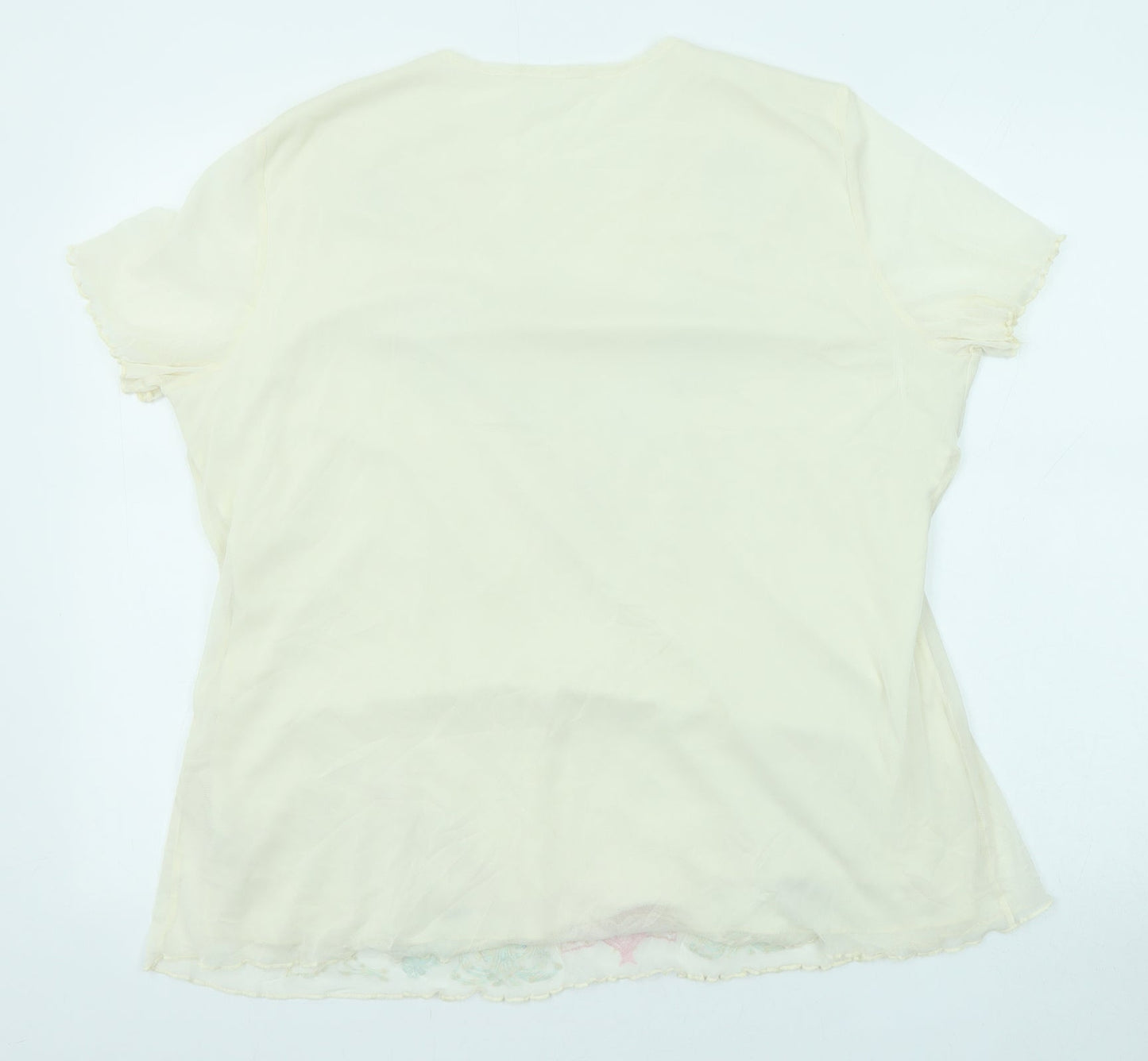 Classic Womens Beige Floral Polyester Basic T-Shirt Size 20 V-Neck