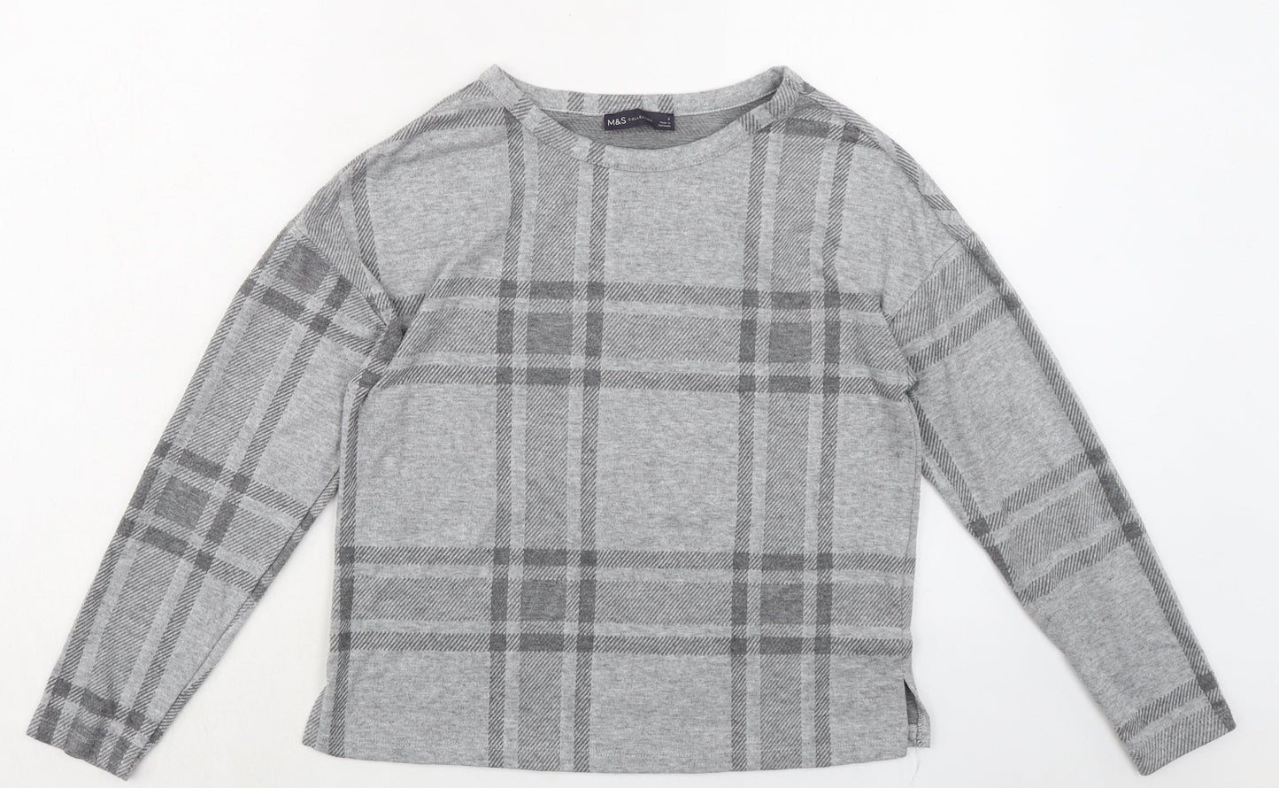 Marks and Spencer Womens Grey Plaid Polyester Basic T-Shirt Size 8 Round Neck