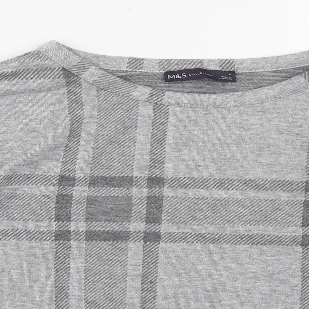 Marks and Spencer Womens Grey Plaid Polyester Basic T-Shirt Size 8 Round Neck