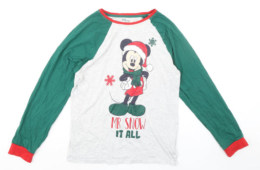 Disney Womens Grey Cotton Basic T-Shirt Size M Round Neck - Christmas Mickey Mouse