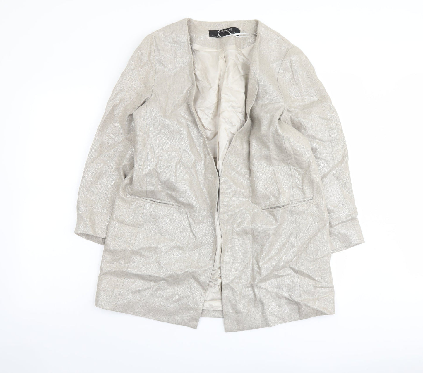 Zara Womens Beige Jacket Blazer Size L Hook & Eye
