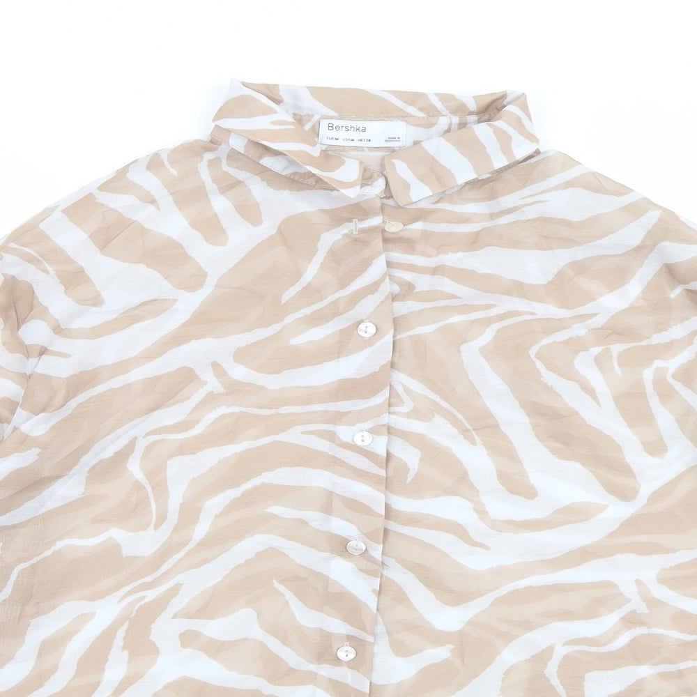 Bershka Womens Beige Animal Print Polyester Basic Button-Up Size M Collared - Tiger Print