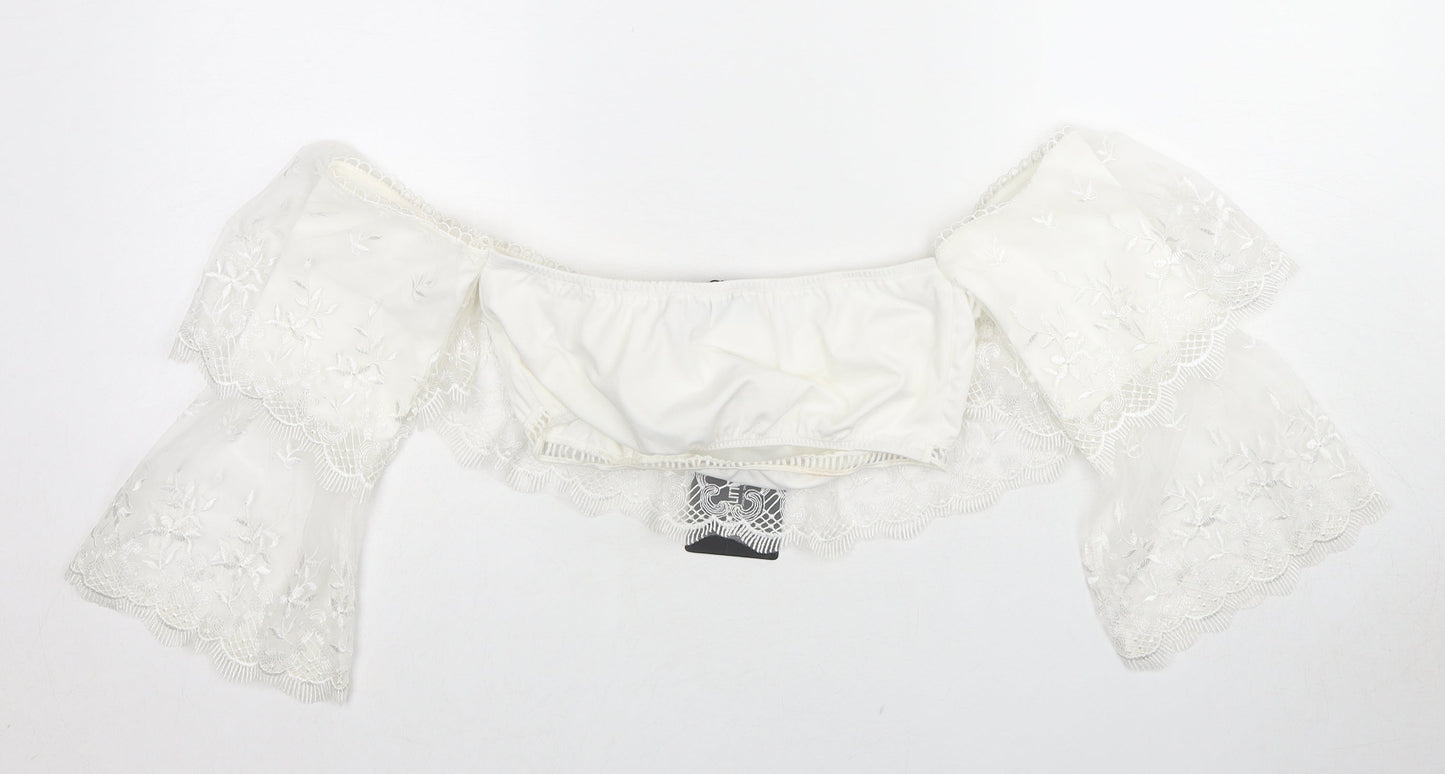 PRETTYLITTLETHING Womens White Polyester Cropped Blouse Size 8 Off the Shoulder