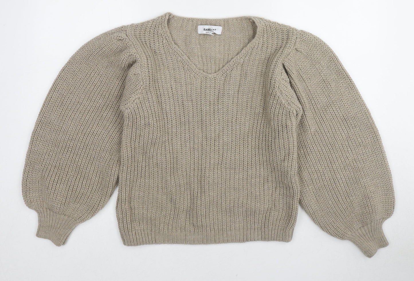 Isabella D. Womens Beige V-Neck Acrylic Pullover Jumper Size S