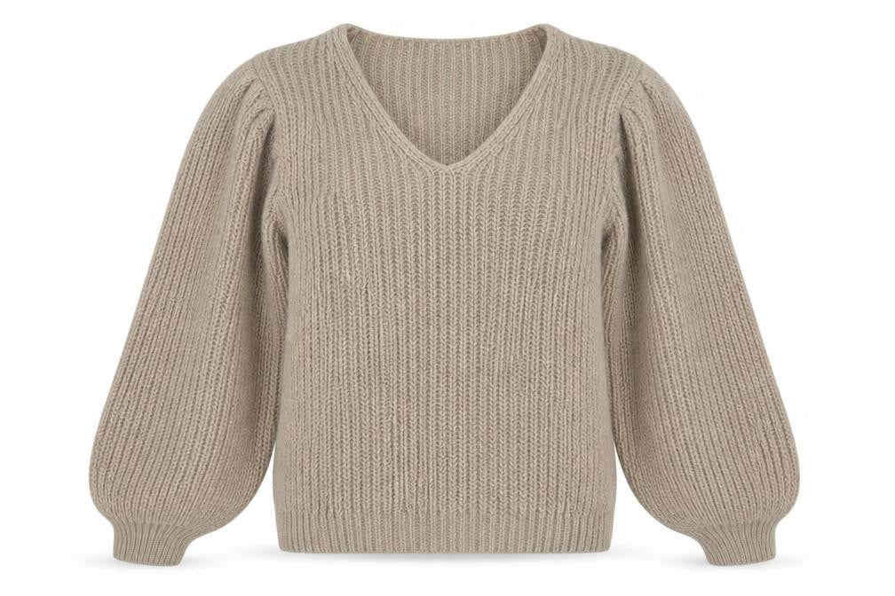 Front view of Isabella D. women’s beige v-neck acrylic jumper, size S
