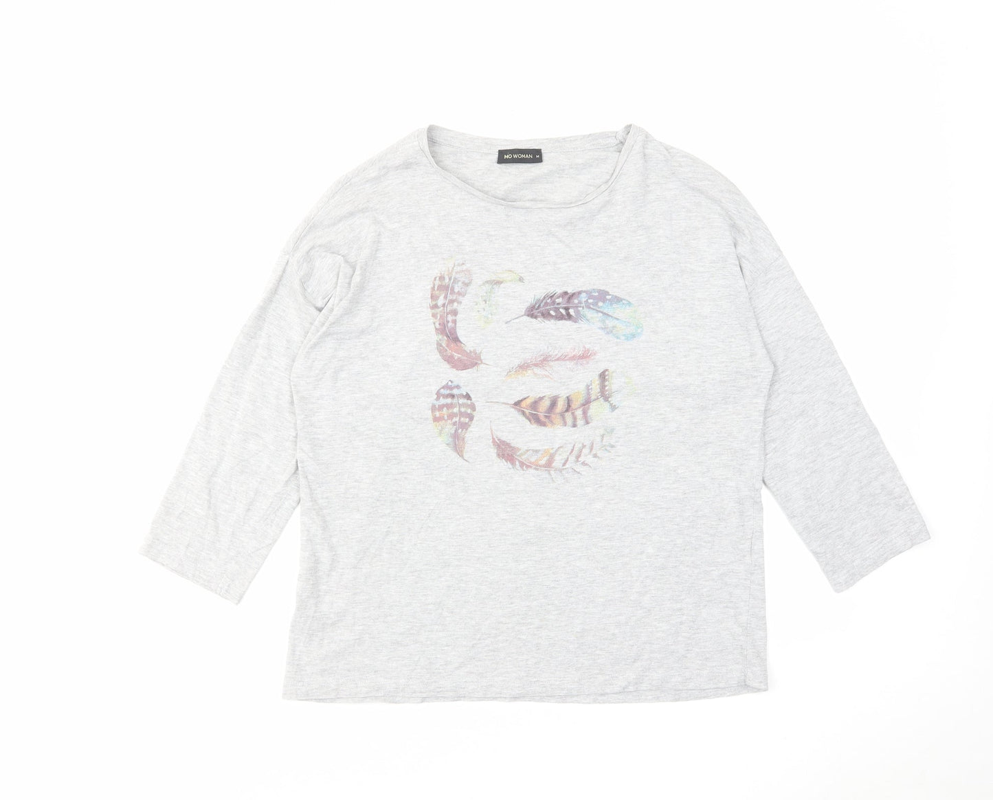 Mo Women Womens Grey Polyester Basic T-Shirt Size M Round Neck - Feathers