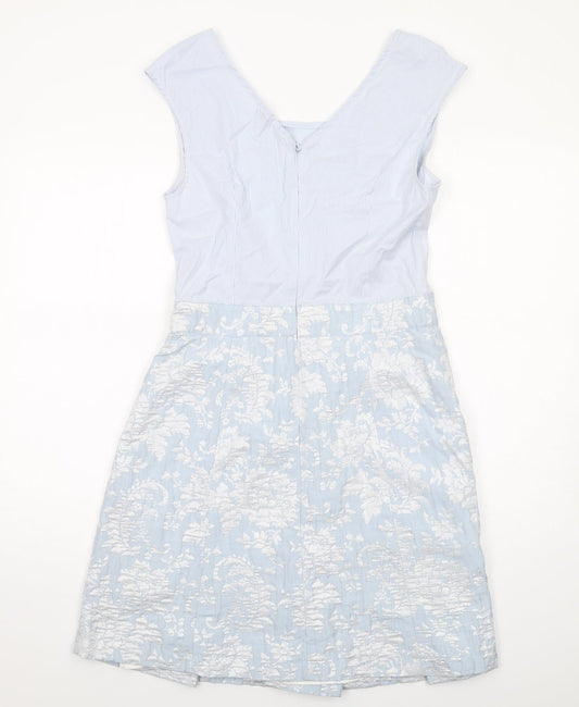 RIVER WOODS Womens Blue Floral Cotton Shift Size 10 Round Neck Zip
