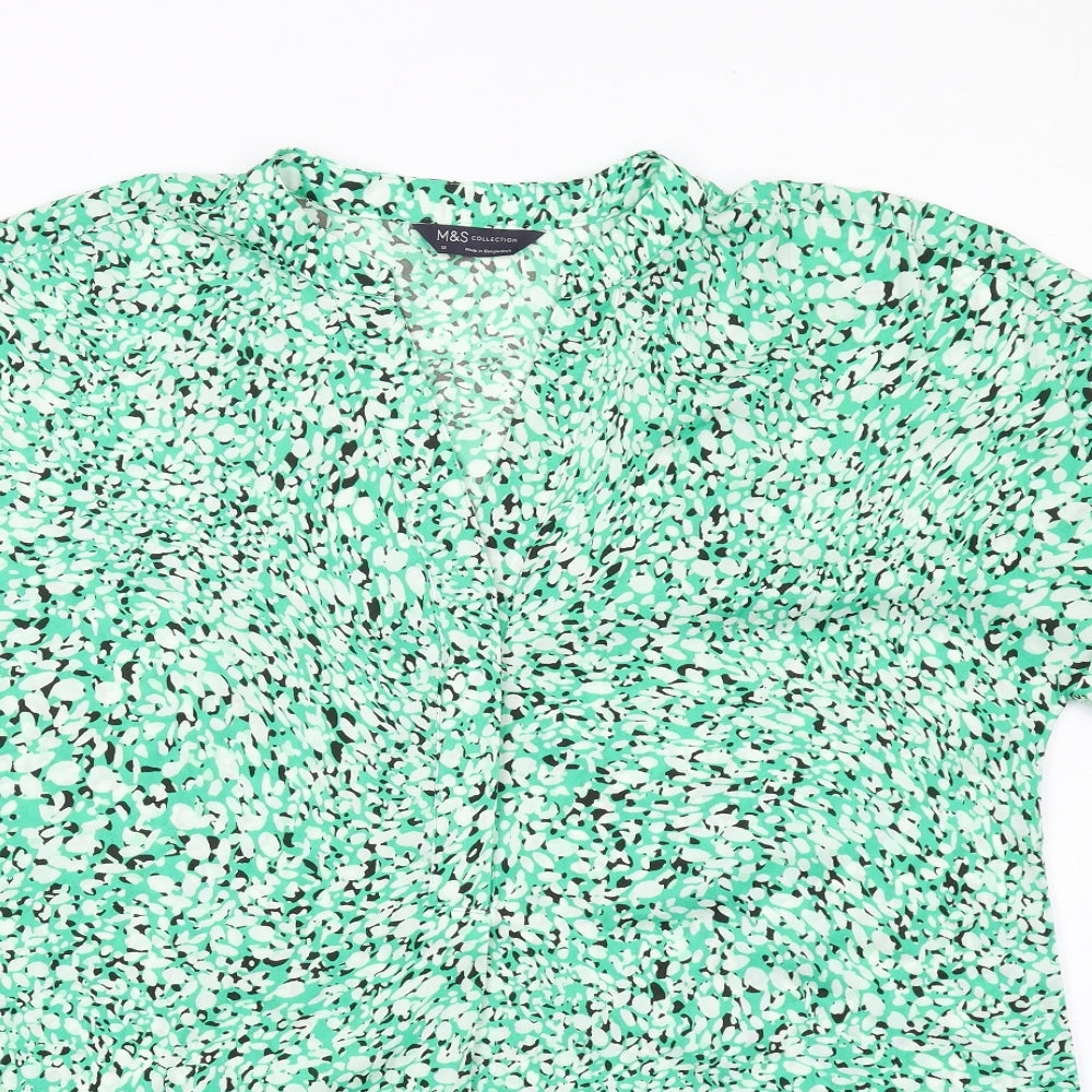 Marks and Spencer Womens Green Animal Print Polyester Basic Button-Up Size 12 V-Neck