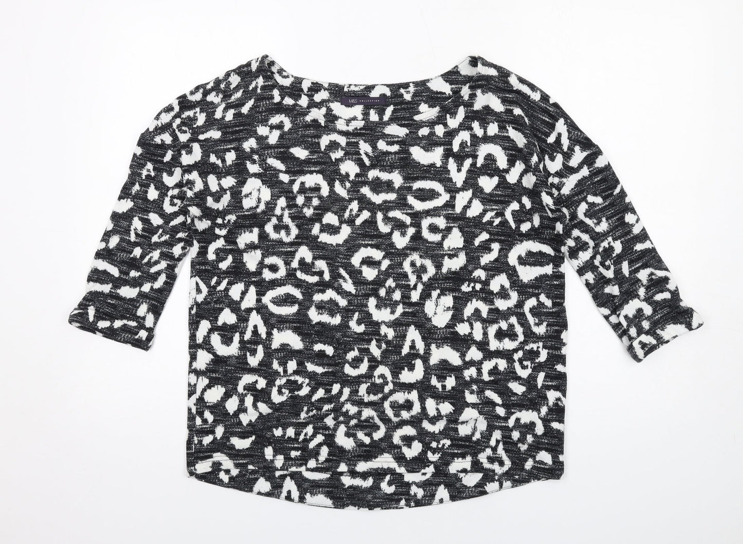 Marks and Spencer Womens Black Animal Print Polyester Basic T-Shirt Size 8 Round Neck - Leopard Print