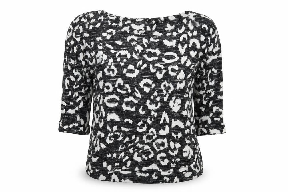Marks and Spencer Womens Black Animal Print Polyester Basic T-Shirt Size 8 Round Neck - Leopard Print