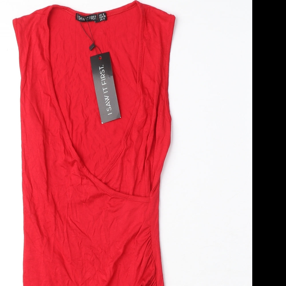 I SAW IT FIRST Womens Red Viscose Mini Size 8 V-Neck Pullover
