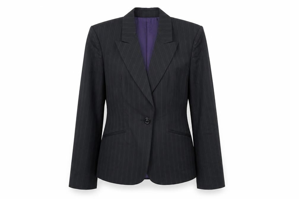 Front view of Autograph women’s black striped jacket blazer, size UK 14, button
