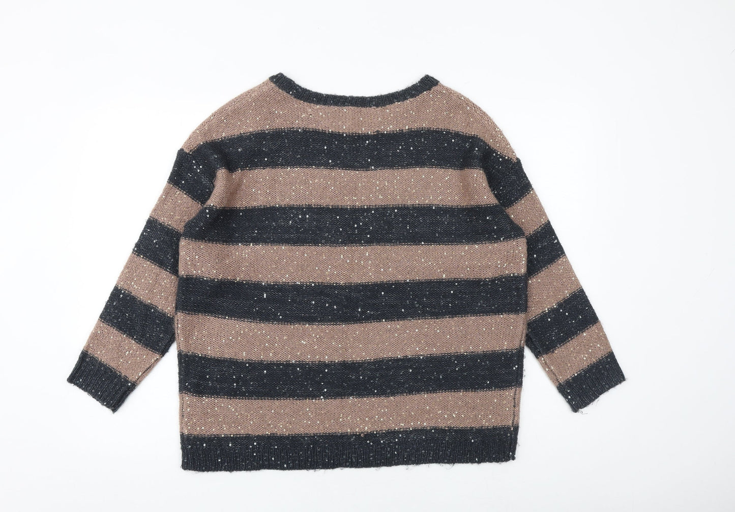 Marks and Spencer Womens Brown Round Neck Striped Acrylic Pullover Jumper Size 14