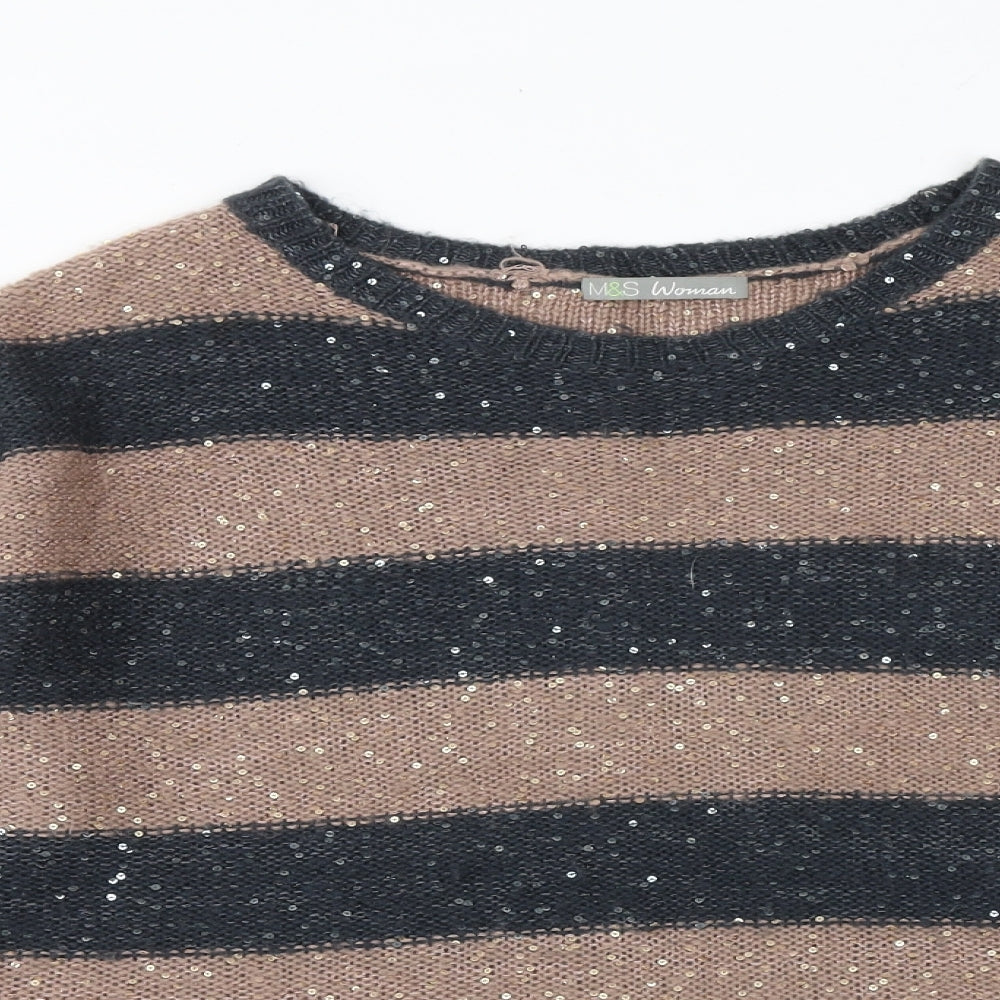 Marks and Spencer Womens Brown Round Neck Striped Acrylic Pullover Jumper Size 14
