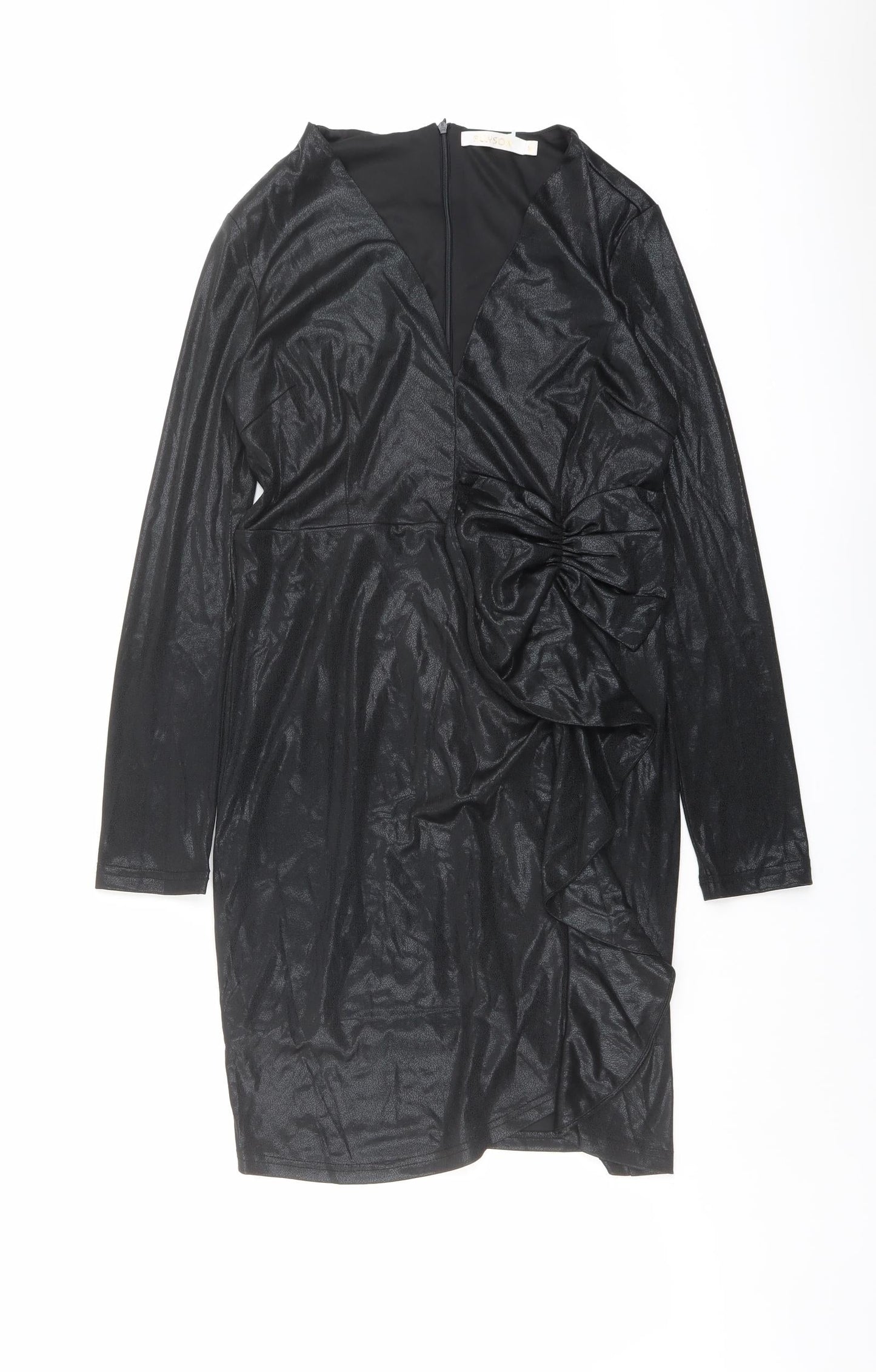 Allyson Womens Black Polyester A-Line Size M V-Neck Zip