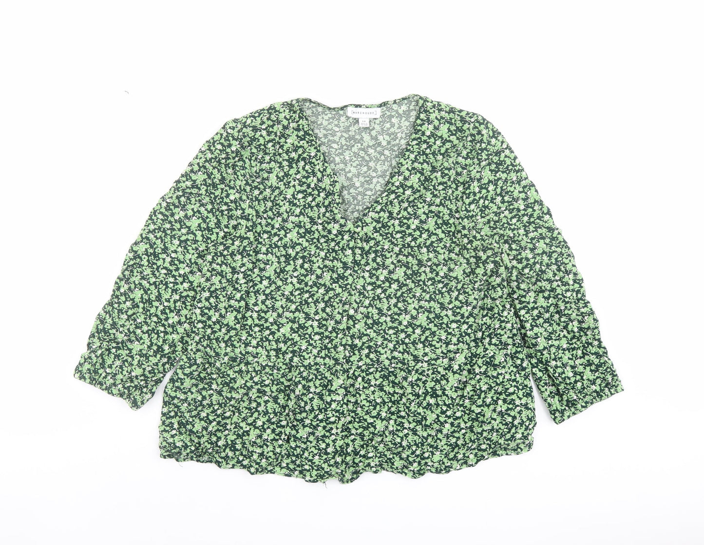 Warehouse Womens Green Floral Viscose Basic Blouse Size 14 V-Neck