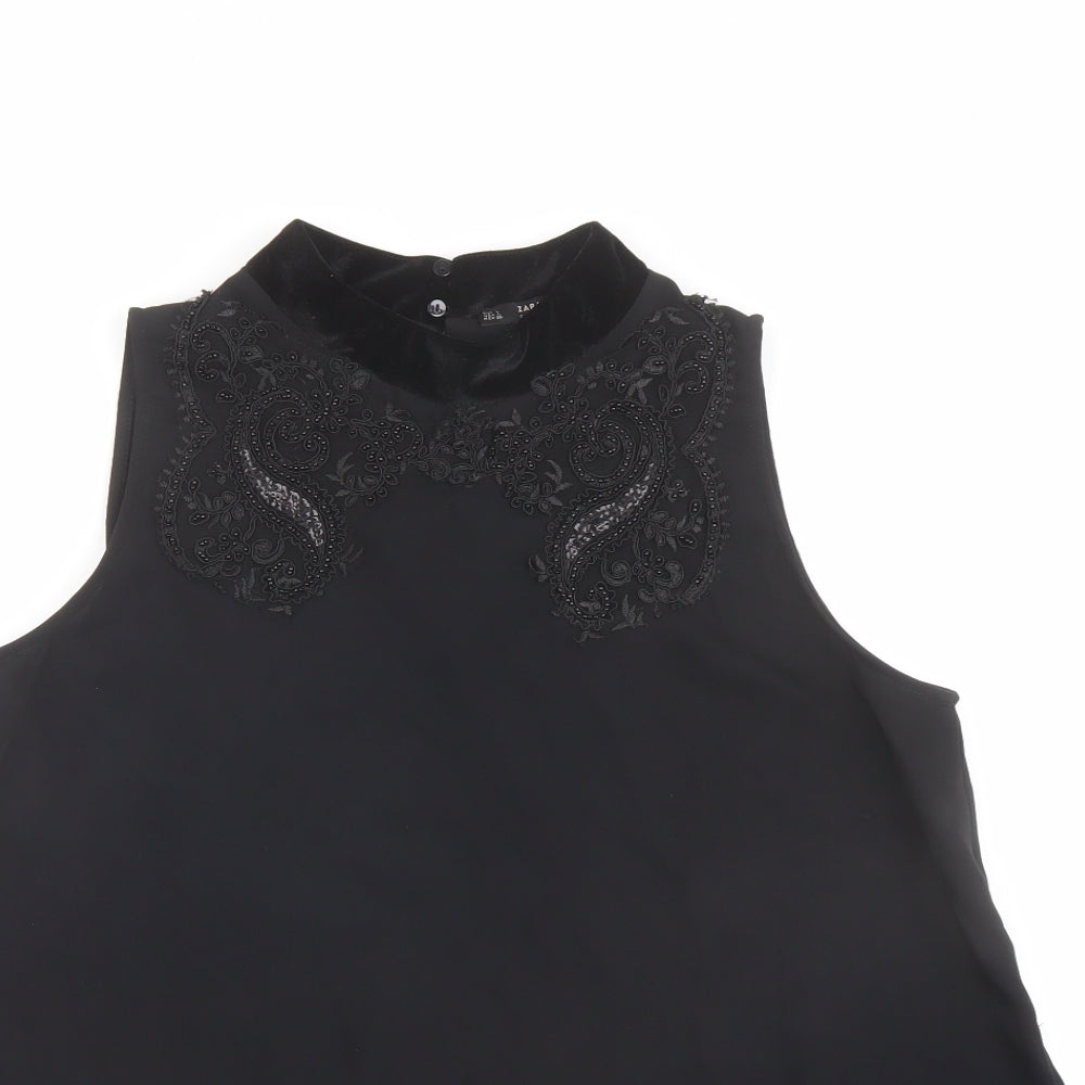 Zara Womens Black Polyester Basic Blouse Size L Mock Neck - Embellished