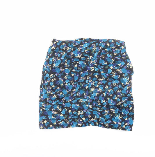 Zara Womens Blue Floral Polyester A-Line Skirt Size S Zip