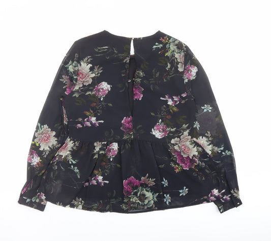 Only Womens Black Floral Polyester Basic Blouse Size 8 Round Neck