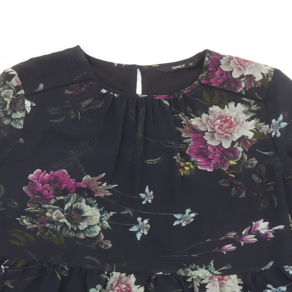 Only Womens Black Floral Polyester Basic Blouse Size 8 Round Neck