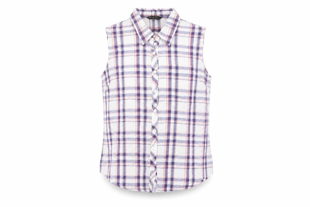 Front view of Originals women’s multicoloured plaid cotton basic button-up, size UK 18, collared
