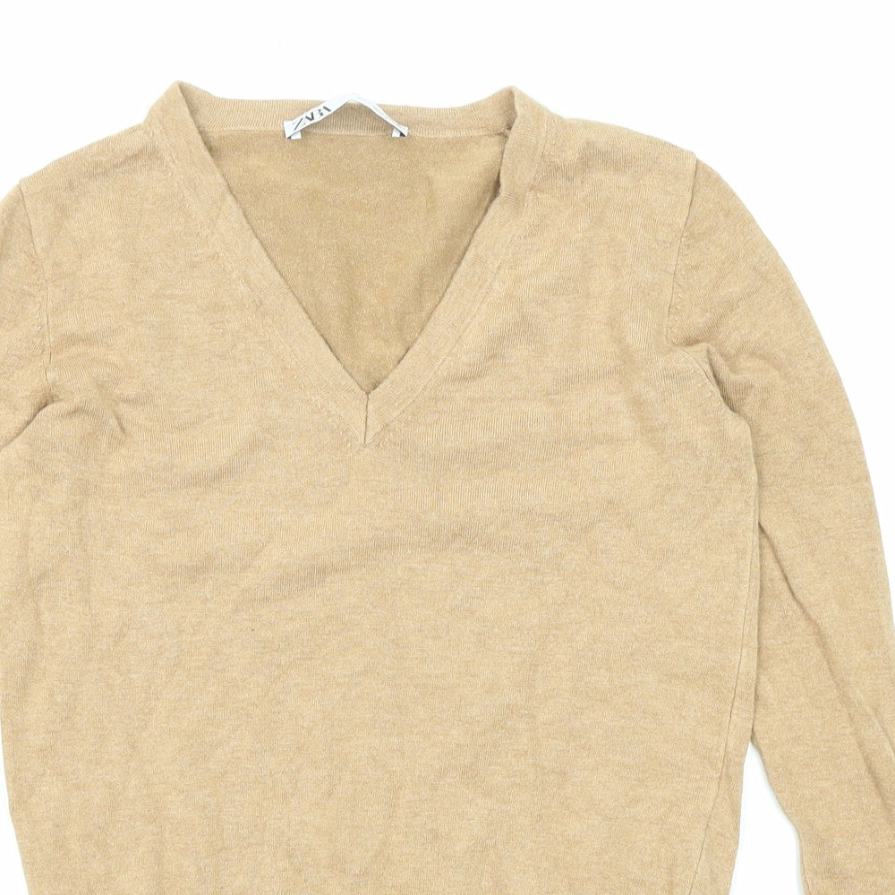 Zara Womens Beige V-Neck Viscose Pullover Jumper Size S