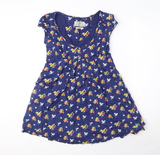 Jack Wills Womens Blue Floral 100% Cotton A-Line Size 8 Scoop Neck Button