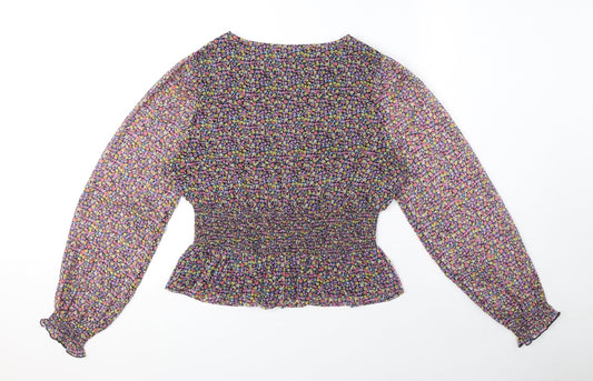 Patrons of Peace Womens Multicoloured Floral Polyester Basic Blouse Size L V-Neck - Peplum