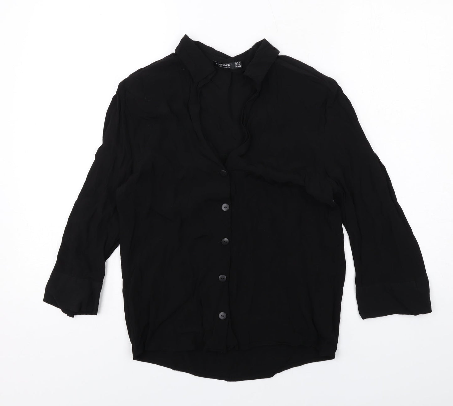 Bershka Womens Black Viscose Basic Button-Up Size S Collared
