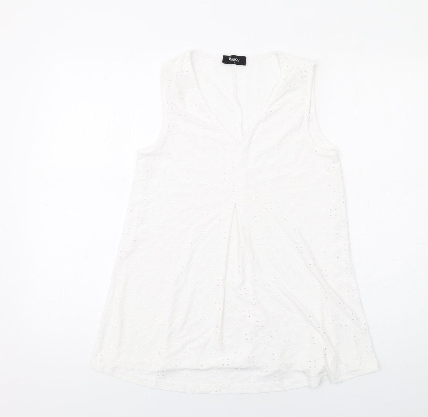 Klass Womens White Polyester Basic Tank Size S V-Neck - Broderie Anglaise Details