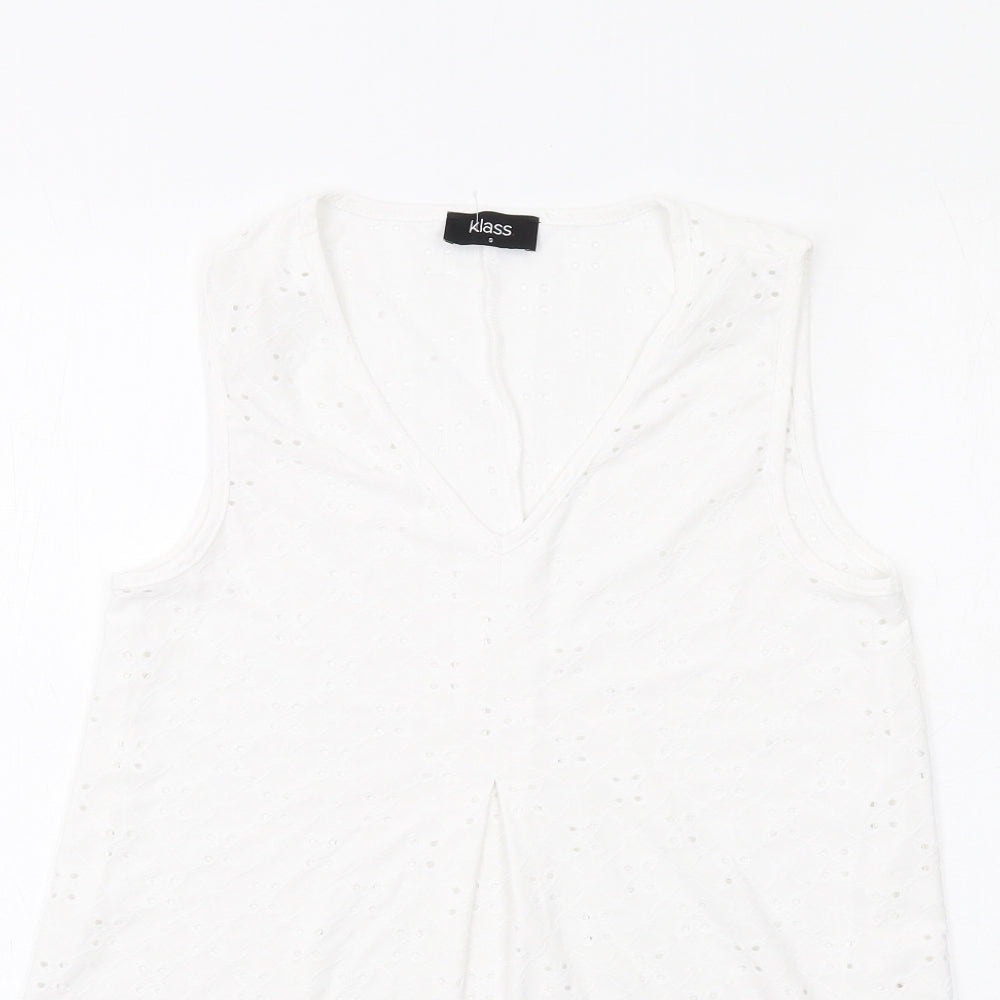 Klass Womens White Polyester Basic Tank Size S V-Neck - Broderie Anglaise Details