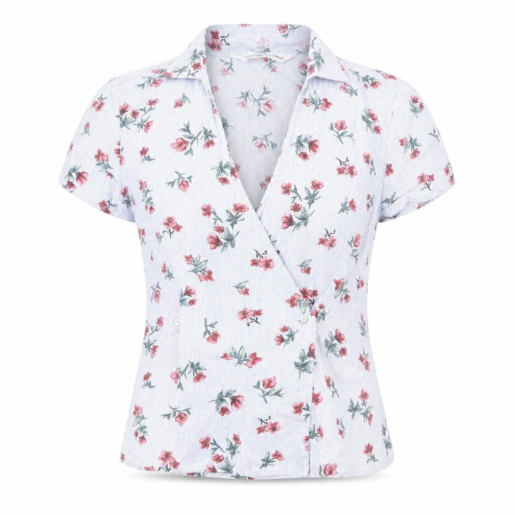 Zara Womens Blue Striped Linen Wrap Blouse Size S Collared - Flower Pattern