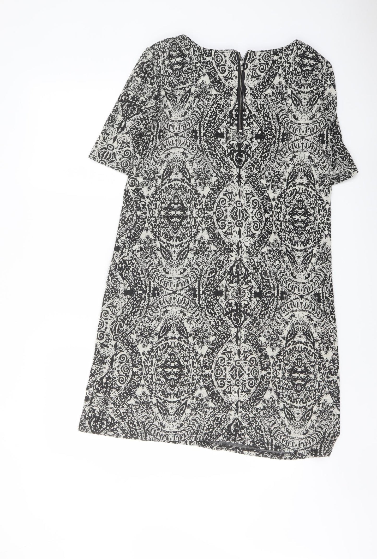 Wallis Womens Black Geometric Polyester Shift Size 12 Boat Neck Zip