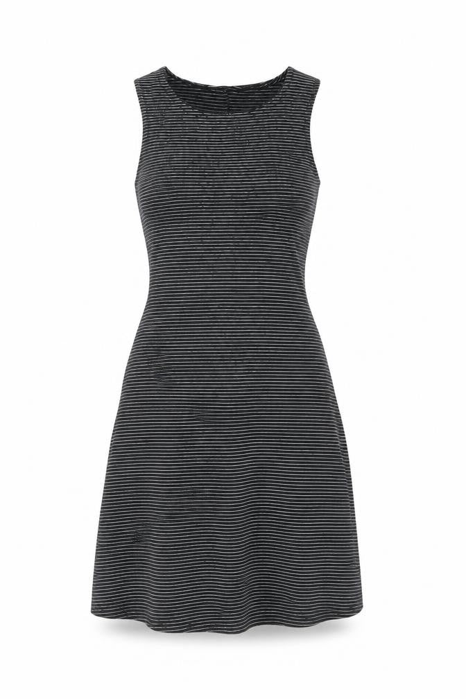 Front view of Miss Selfridge women’s black striped acetate tank dress, size UK 8, boat neck pullover