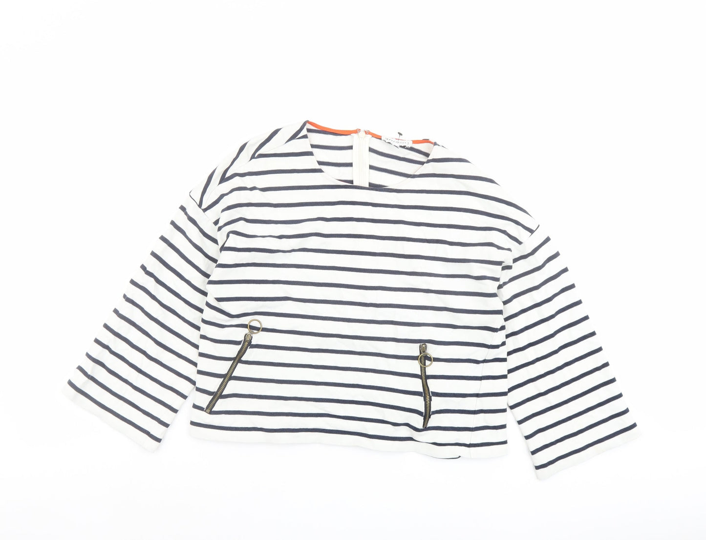Warehouse Womens Blue Striped Cotton Basic T-Shirt Size 10 Round Neck