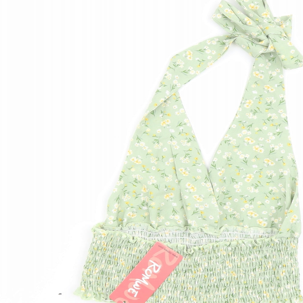 ROMWE Womens Green Floral Polyester Cropped Tank Size M Halter