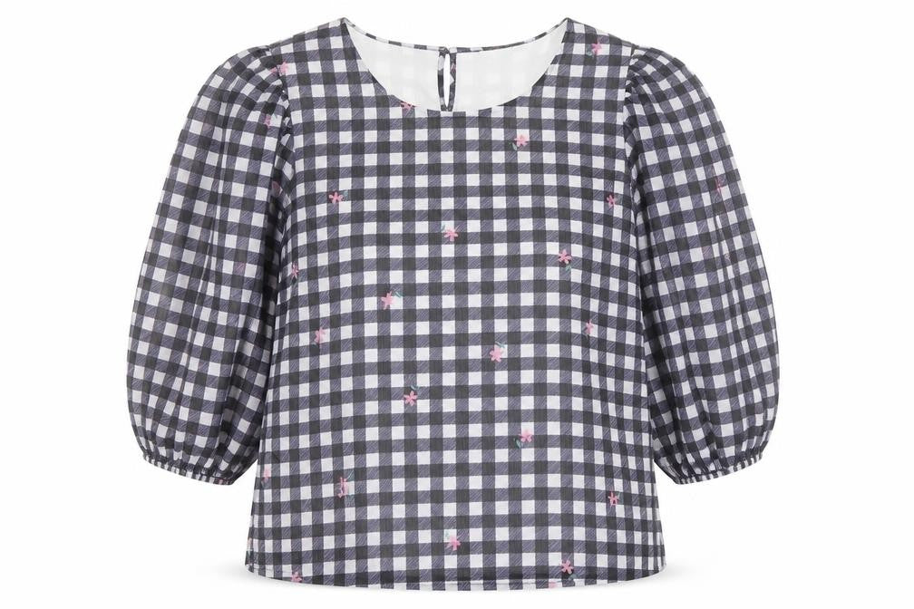 Bonmarché Womens Beige Check Polyester Basic Blouse Size 14 Round Neck - Flower Detail