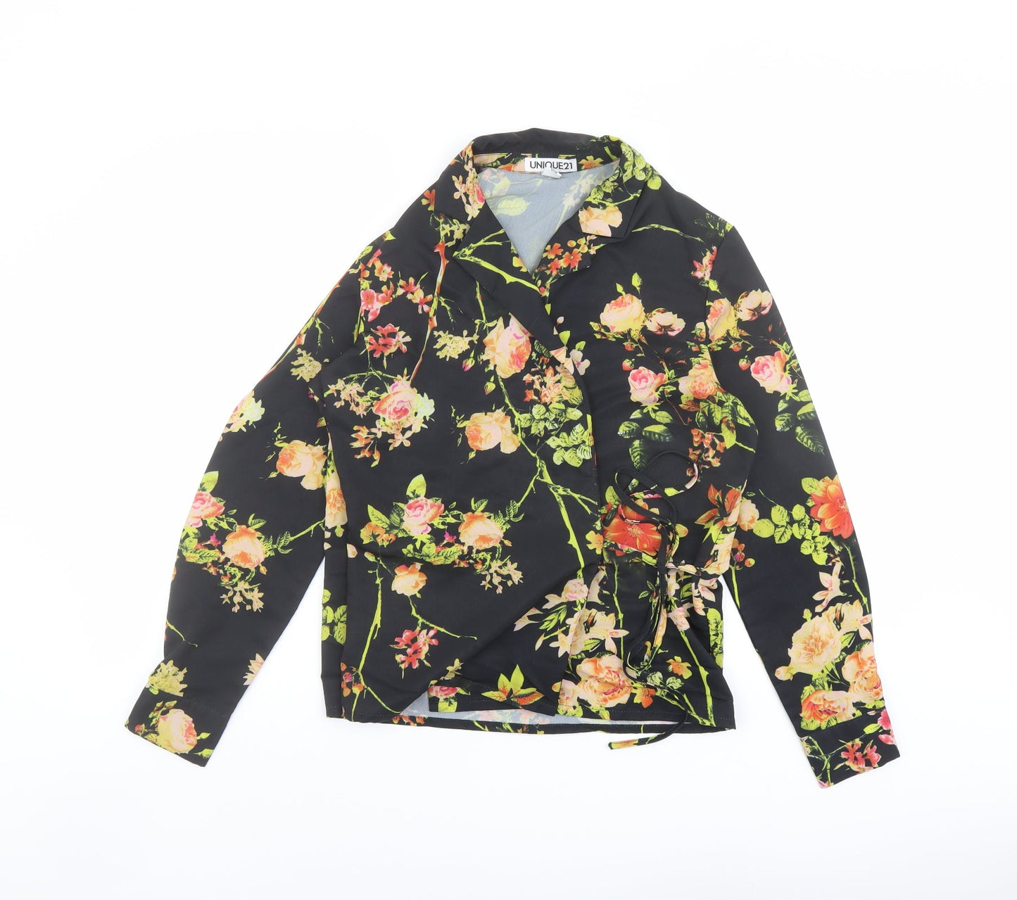 Unique 21 Womens Black Floral Polyester Wrap Blouse Size 6 Collared