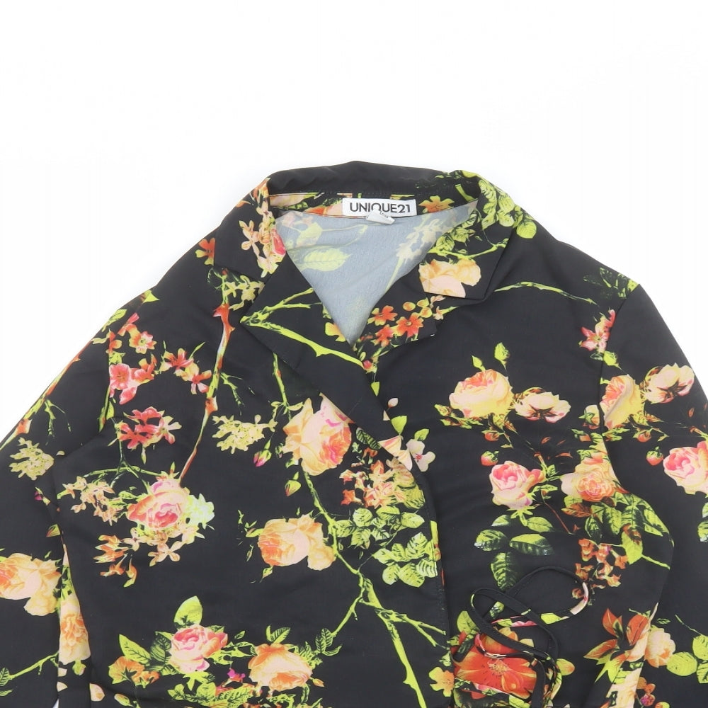 Unique 21 Womens Black Floral Polyester Wrap Blouse Size 6 Collared