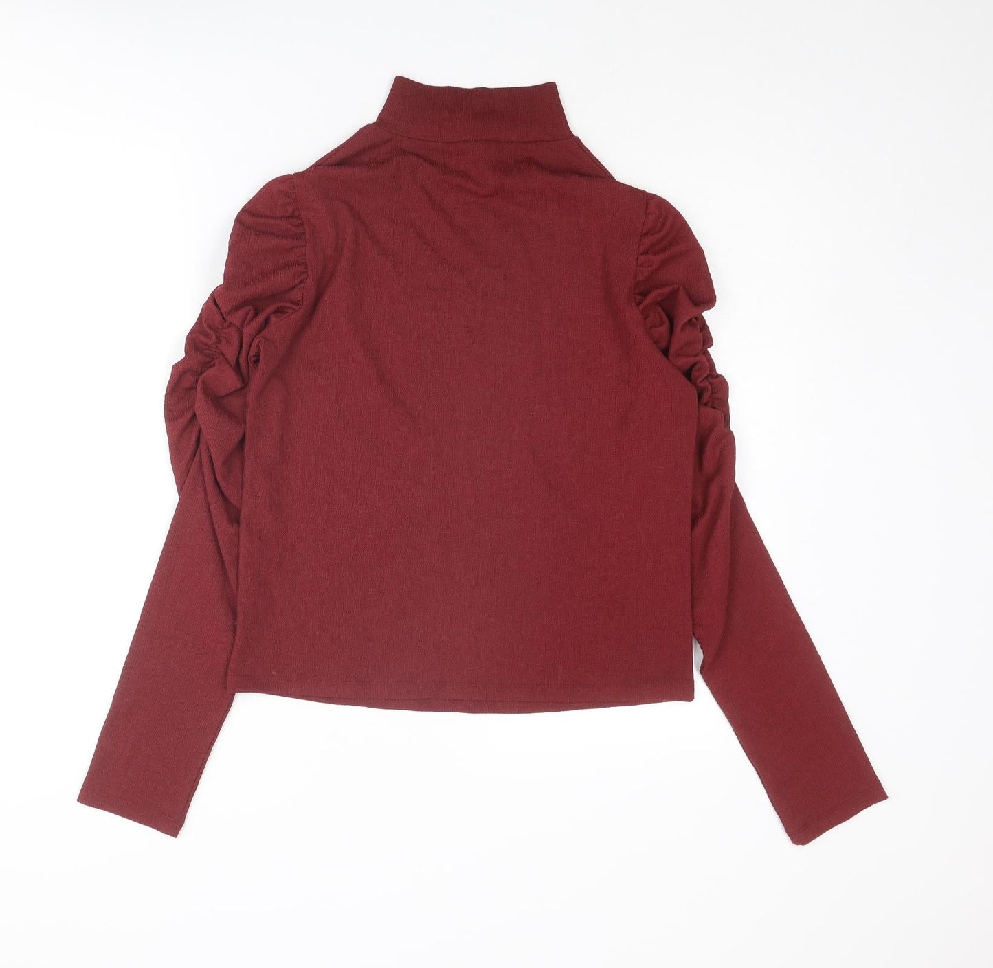 Select Womens Red Polyester Basic T-Shirt Size M Mock Neck - Ruched Sleeves