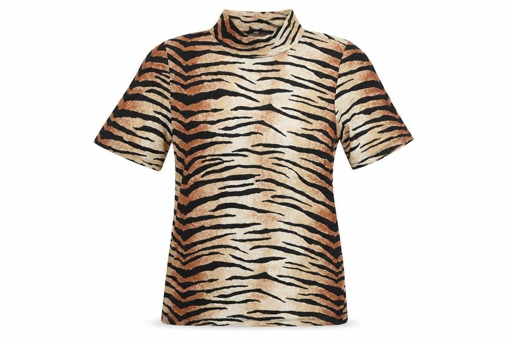 Select Womens Beige Animal Print Viscose Basic T-Shirt Size 14 Mock Neck - Tiger Print