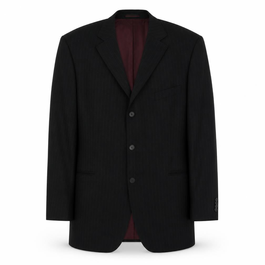 Front view of 1860 Menswear men’s black striped wool jacket suit jacket, size 44, regular