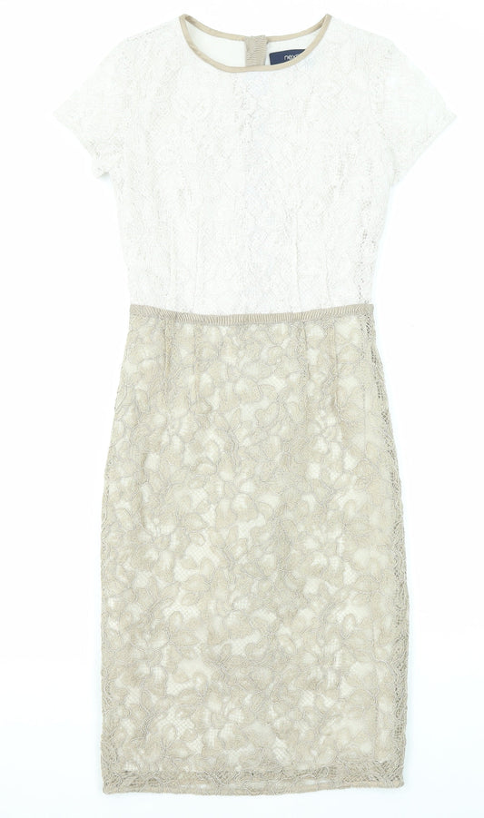 NEXT Womens Beige Polyester Sheath Size 6 Round Neck Zip