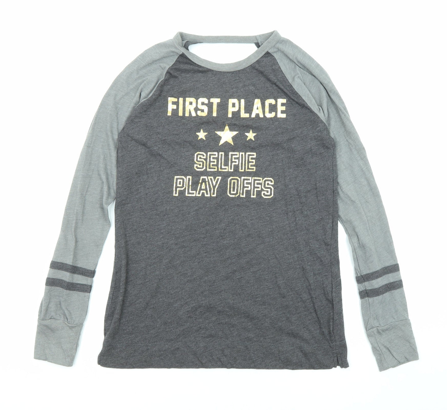 Hollister Womens Grey Cotton Basic T-Shirt Size XS Round Neck - Selfie Play Offs Open Back