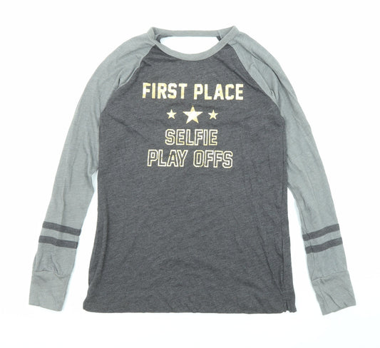 Hollister Womens Grey Cotton Basic T-Shirt Size XS Round Neck - Selfie Play Offs Open Back