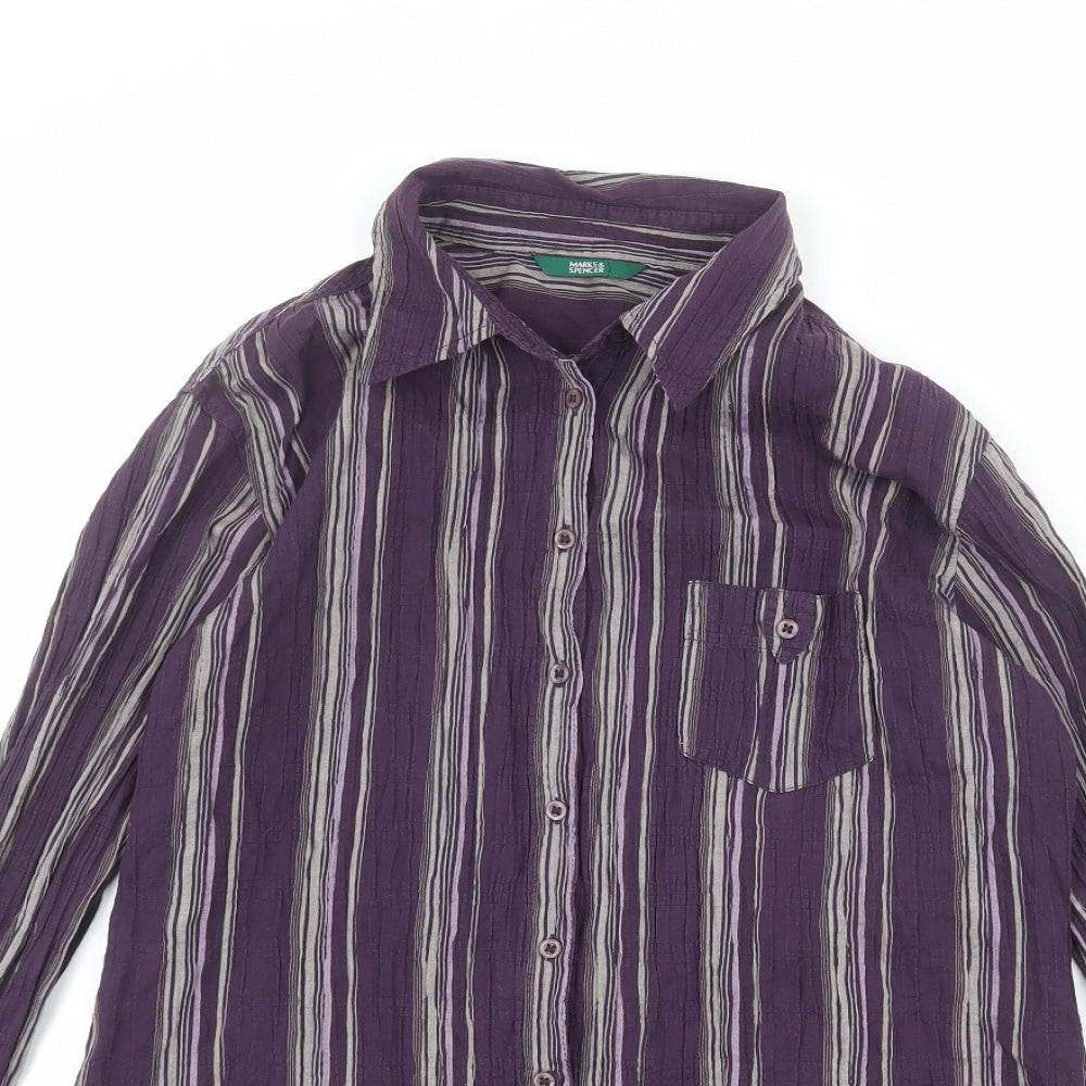 Marks and Spencer Womens Purple Striped Cotton Basic Button-Up Size 12 Collared