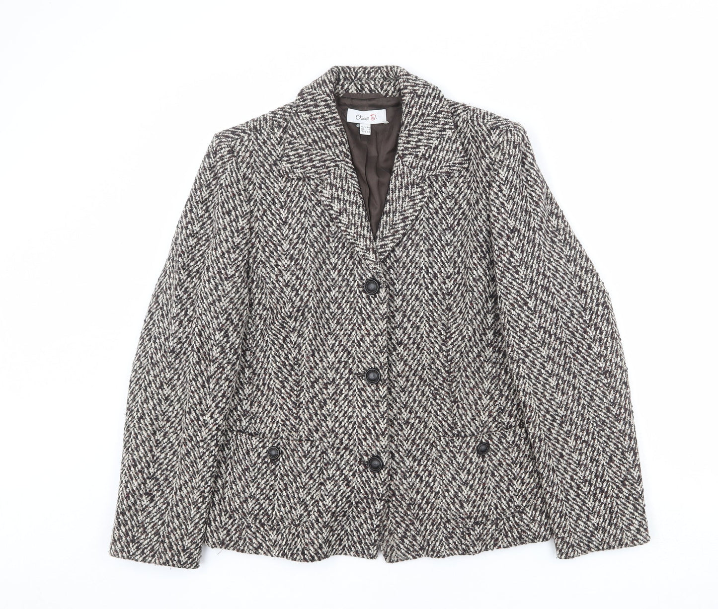 Oscar B Womens Brown Geometric Wool Jacket Blazer Size 14