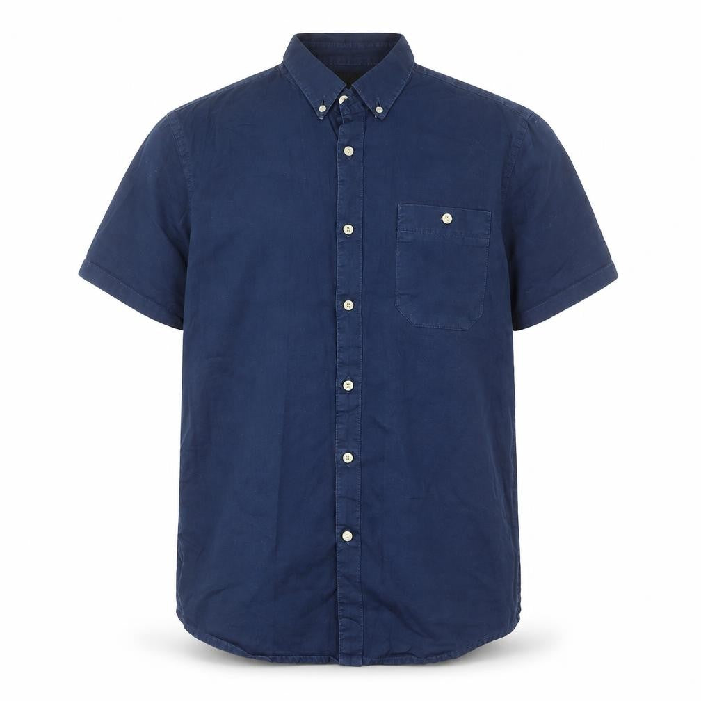 Front view of ASOS men’s blue cotton button-up, size M, collared button